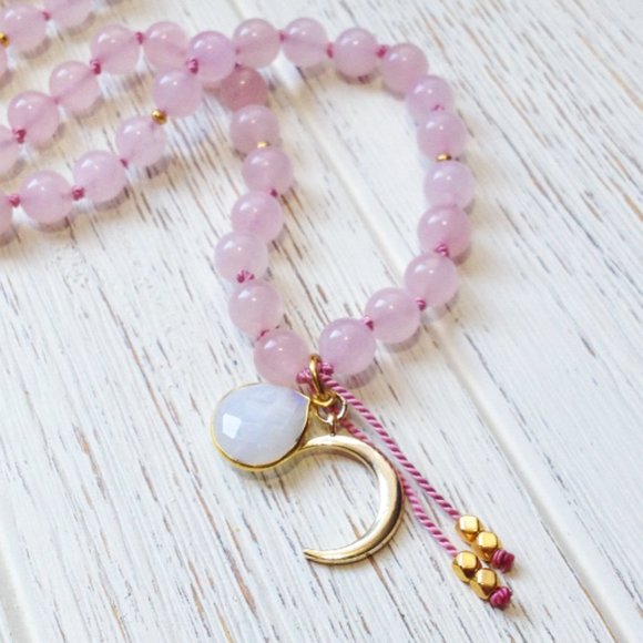 Rose Quartz Moonstone Meditation Necklace 108 - Picture 5 of 5